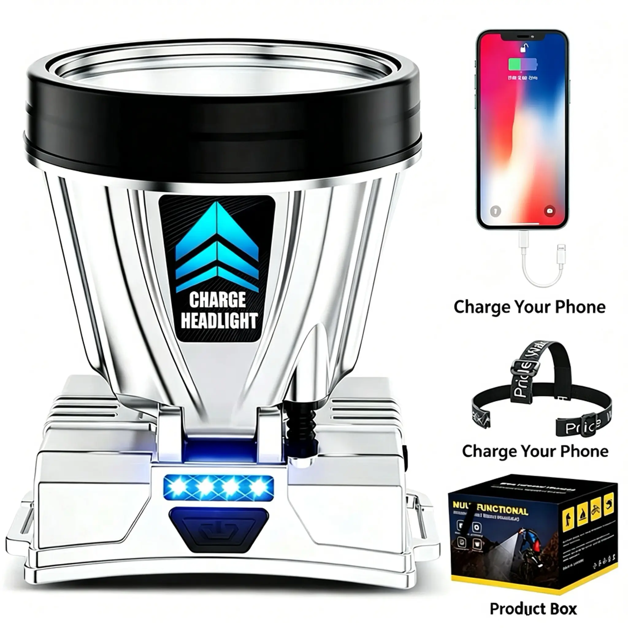 Multifunctional Rechargeable LED Headlamp - Phone Charger, Adjustable Strap, Compact Design, Super Bright Waterproof Headlight for Hiking, Outdoor Work, Home Emergency