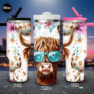 1 pc 40 oz whimsical highland cow tumbler with sunglasses, Easter eggs, and floral background, with lid and straw; winter insulated travel mug; gift for women and men; ideal for Valentine’s Day, Easter, and birthdays; suitable for iced or hot coffee