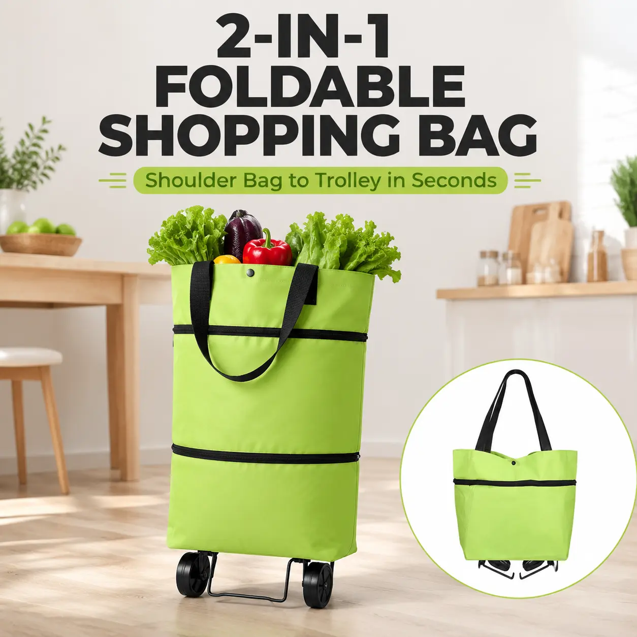 2 in 1 Lightweight Collapsible Shopping Cart,Folding Shopping Bag Cart | Wheels  Shopping Bags Grocery Bags Shopping Travel Bag on Wheels for Women or Men Travel Home Kitchen reusable
