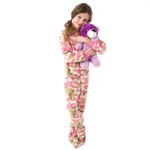 Girls Pink Camouflage Fleece Onesie Footed Pajamas for Kids