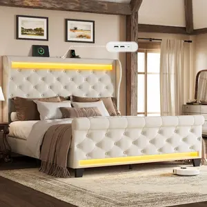 [Summervibes]Creators Only Offer Belffin Modern Upholstered Bed Frame with LED Lights & USB Charging Ports – Stylish Bedroom Platform Bed, Soft Headboard & Footboard, No Box Spring Needed, Easy Assembly