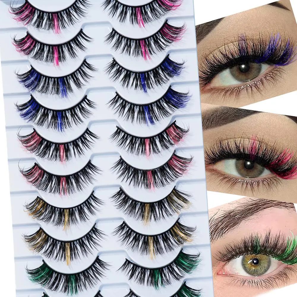 10 Pairs Colorful Mixed Dense Stem Cross Cosmetic False Lashes 6-14mm, Solid Style, Non-Flammable Liquid, No Ca Prop 65