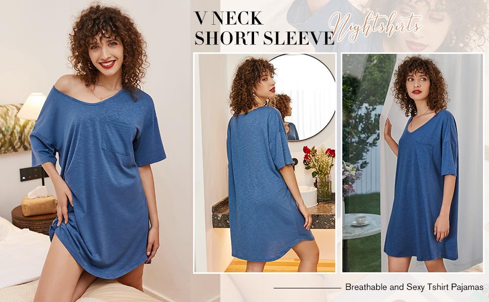EKOUAER Womens Tshirt Nightgown Cotton V Neck Sleepshirts Comfy Casual Nightshirt for Women Fit Womenswear Comfortable Loose Oversized Loungewear