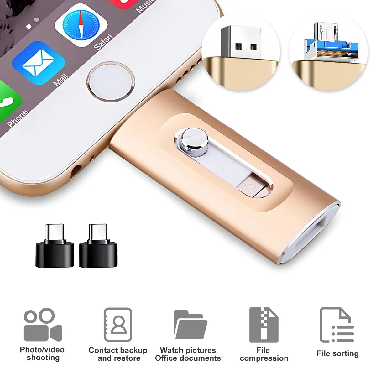 High-Speed Compact Flash Drive (64GB/128GB/256GB) - Dual Storage for iOS Lightning Devices, Android Micro USB, PC with Free Type-C Adapter, Mothers Day Gift for Her
