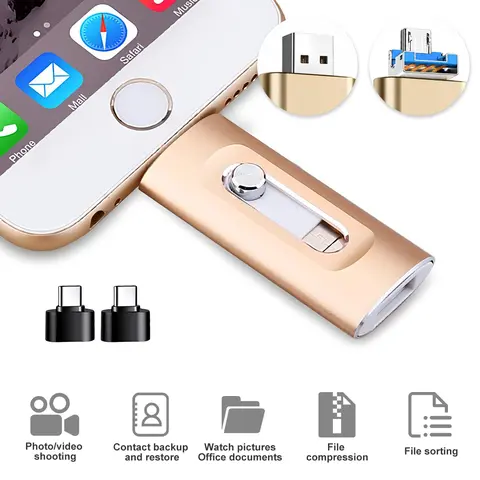 High-Speed Compact Flash Drive (64GB/128GB/256GB) - Dual Storage for iOS Lightning Devices, Android Micro USB, PC with Free Type-C Adapter, Mothers Day Gift for Her
