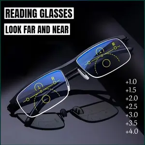 1 Pair 2-in-1 Progressive Multifocal Metal Semi-Rimmed Reading Glasses Classic Fashion  1.0 to  4.0 Strength