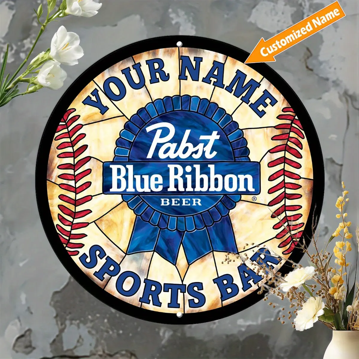 1pc Customized Pabst Blue Ribbon Tin Beer Logo Retro Aluminium Decorative Plaque - Customized Decoration, Personalized Name/Text, Vintage Logo, Red Stitching, Durable Wall Sign, Him Gift, Casual Anniversary Decor, Home Decor Speciality Sign