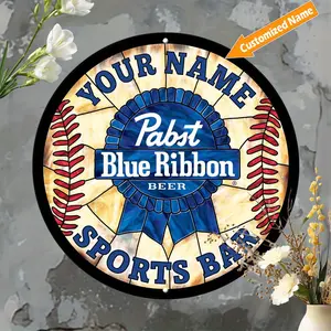 1pc Personalized Pabst Blue Ribbon Beer Logo Retro Metal Sign - Name/Text, Vintage Logo & Red Stitching, Durable Aluminum Wall Art for Man Cave, Bars, /Outdoor - Pabst Blue Ribbon