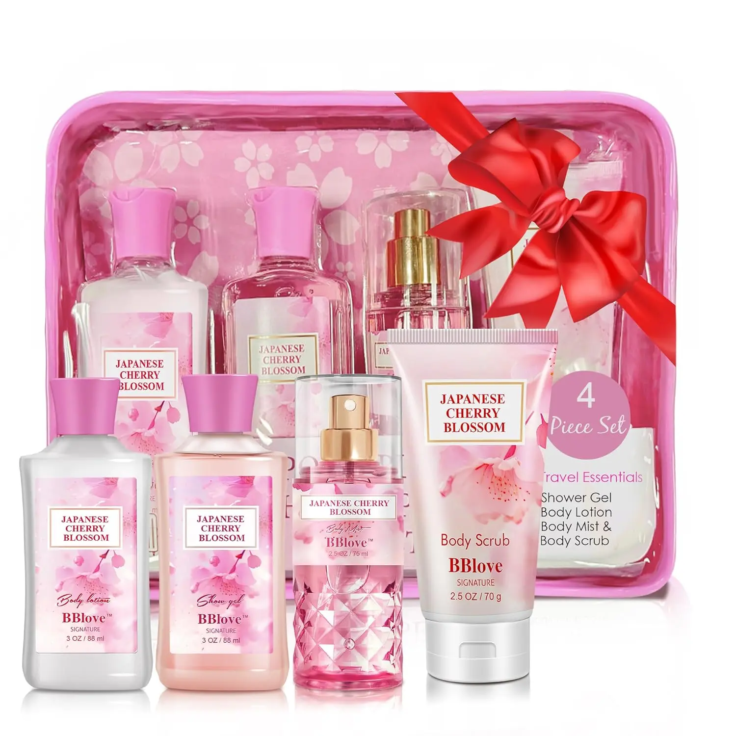 Day Bath and Body Gift Set for Women & Girls, Japanese Cherry Blossom, 4PCS Set for-Shower Gel, Body Lotion, Body Mist, Exfoliating Scrub, Body Care Travel Set for Birthday Mother's Day Gifts,Wedding Gavor