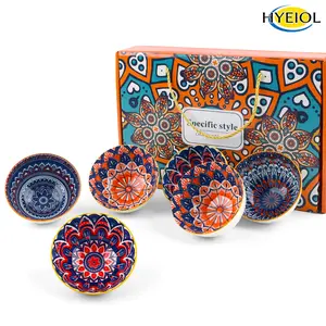 Ceramic Rice Bowls 10 oz, Bohemian Style Small Retro Gift Set of 6, Kitchen Tableware Serving with Design kitchen accessories Decor