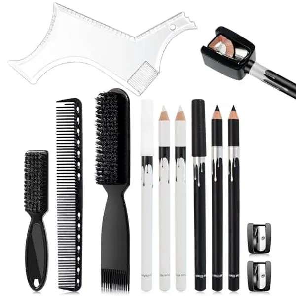 13PCS Beard Shaper Tool Kit for Men Grooming, White Black Barber Pencil for Lineup Edging with Sharpener, Hairline Beard Guide Shaping Barber Comb Clipper Cleaning Brushes Hair Combs Set
