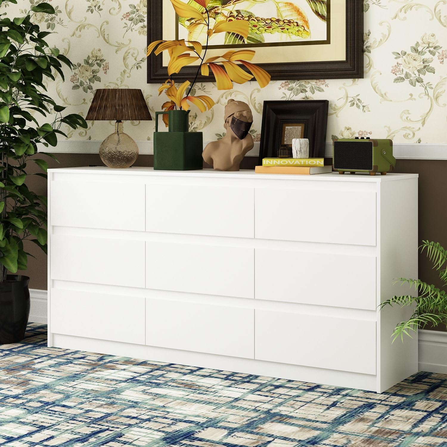 Modern Dresser Chest of Drawers, 9 Drawer Dresser with No Handle Design, White Dresser for Bedroom - Multi-Use Drawer Organizer