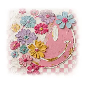 Painted Floral Smiley Face Direct To Film Print, DTF Print, Ready To Press Print For T-Shirts