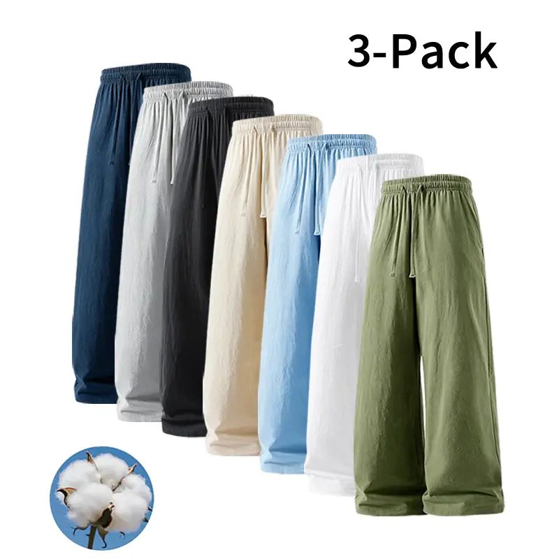 Men's Casual Linen Cotton Pants Set, 3-Pack Loose Fit Trousers - Lightweight, Ultra-Soft, and Anti-Wrinkle for Work & Everyday Wear, Menswear, Linen Pants, Plain, Baggy Pants