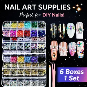 6 Boxes of Rhinestones for Nails Art Tools, 3D Nail Decals Pearls for Nails,Nail Kit with Nail Art Charms Nail Rhinestones