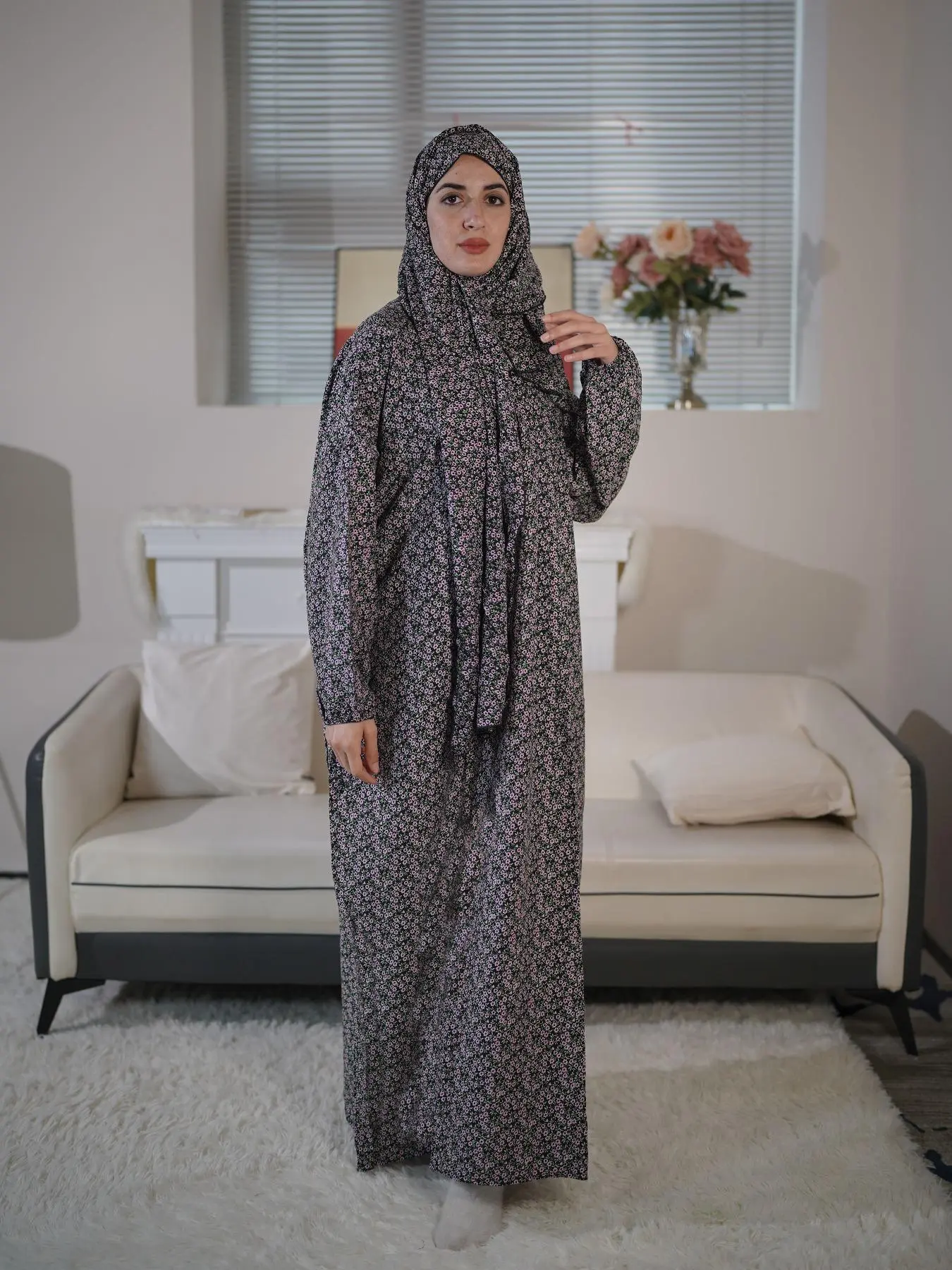 Women's Ditsy Floral Print Long Sleeve Arabian Modesty Abaya Dress with Hijab, Chic Modest Casual Zipper Long Dress for Daily Wear, Islamic Modesty Clothes, Modest Muslim Outfits, Muslim Clothing Abaya Hijab Set for All Seasons