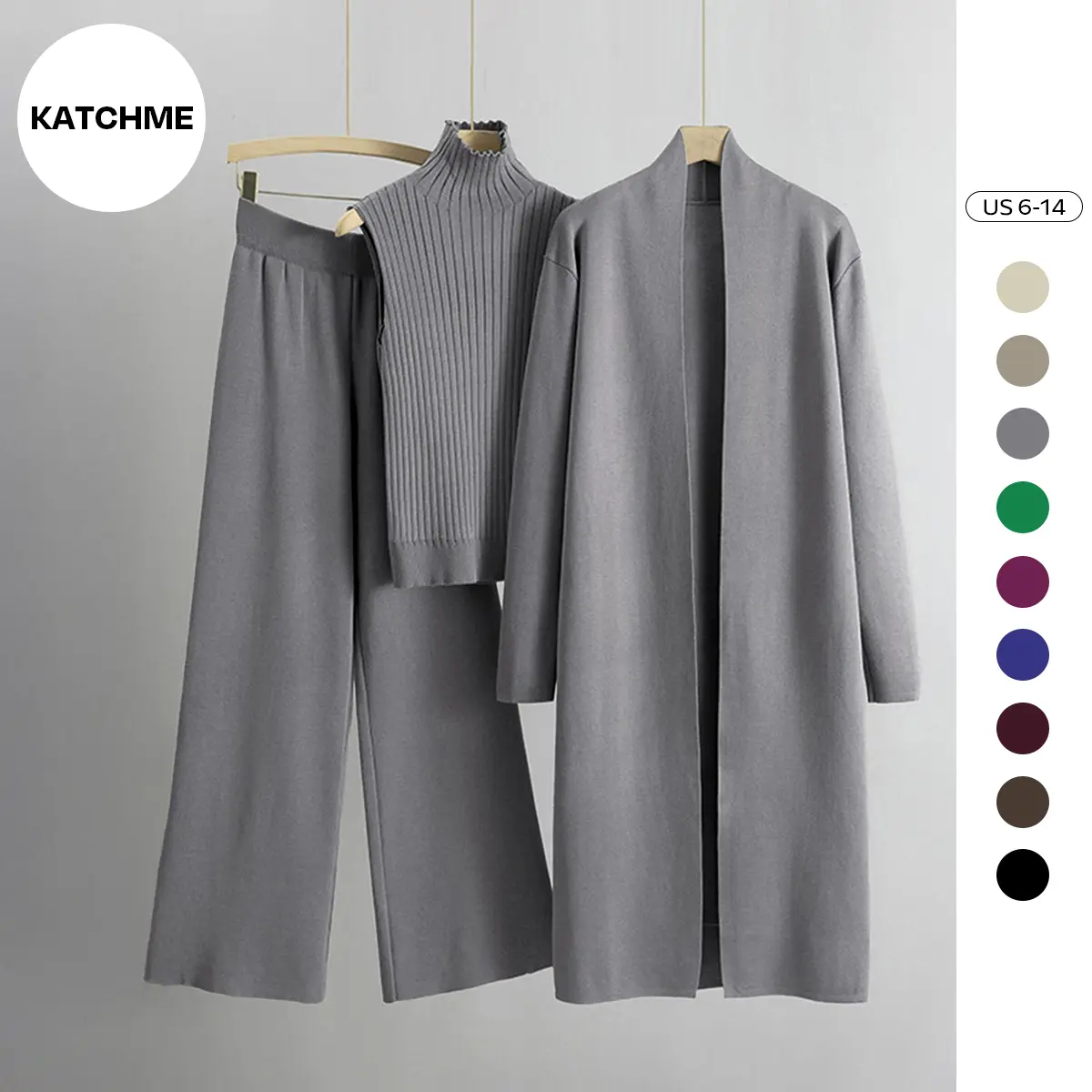 KatchMe Women's Three-Piece Set Solid Turtle Neck Tank Top & Wide Leg Trousers & Open Front Long Cardigan Set, Women Clothes for Fall & Winter