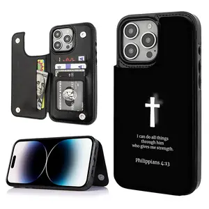 Bible Verse Faith Cross Pattern Card Holder Wallet Aesthetic Black Casing For iphone 17 16 15 14 13 12 PRO PLUS MAX PU Leather Stylish Gift Shockproof Protection Anti-Drop Protective Protector Phone Case Shell Cover