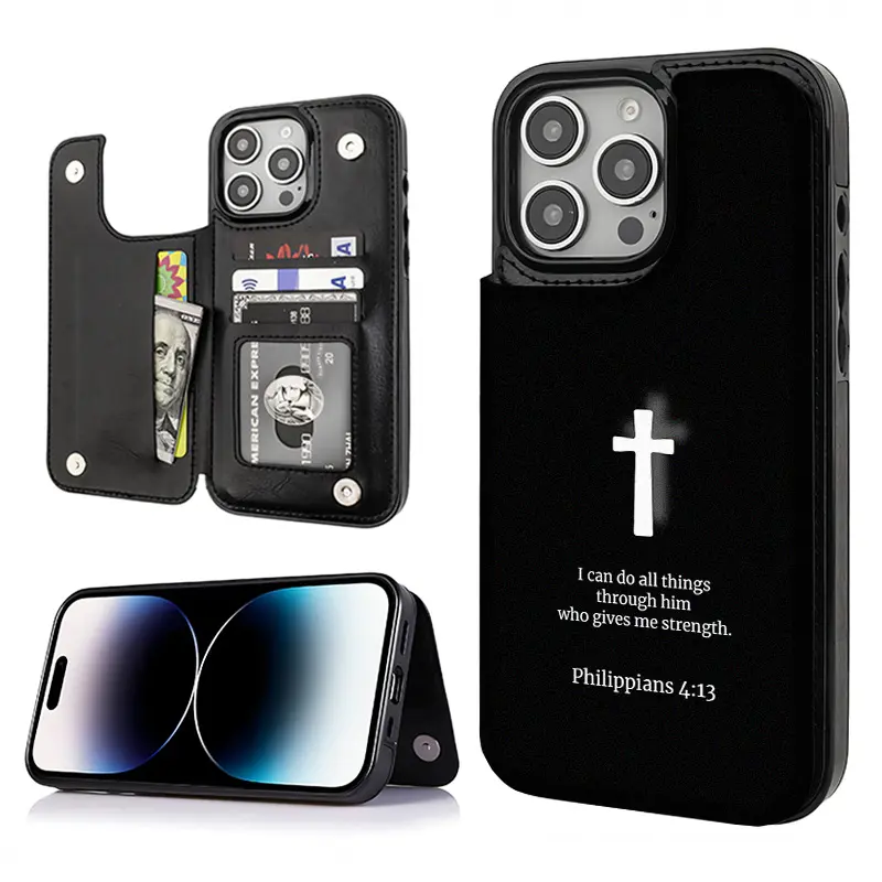 Bible Verse Faith Cross Pattern Card Holder Wallet Phone Case for iPhone 17/16/15/14/13/12 Pro/Plus/Max, Aesthetic Black PU Leather Smartphone Accessory, Shockproof Anti-Drop Protection for Handheld Cellphone Devices, Stylish Gift