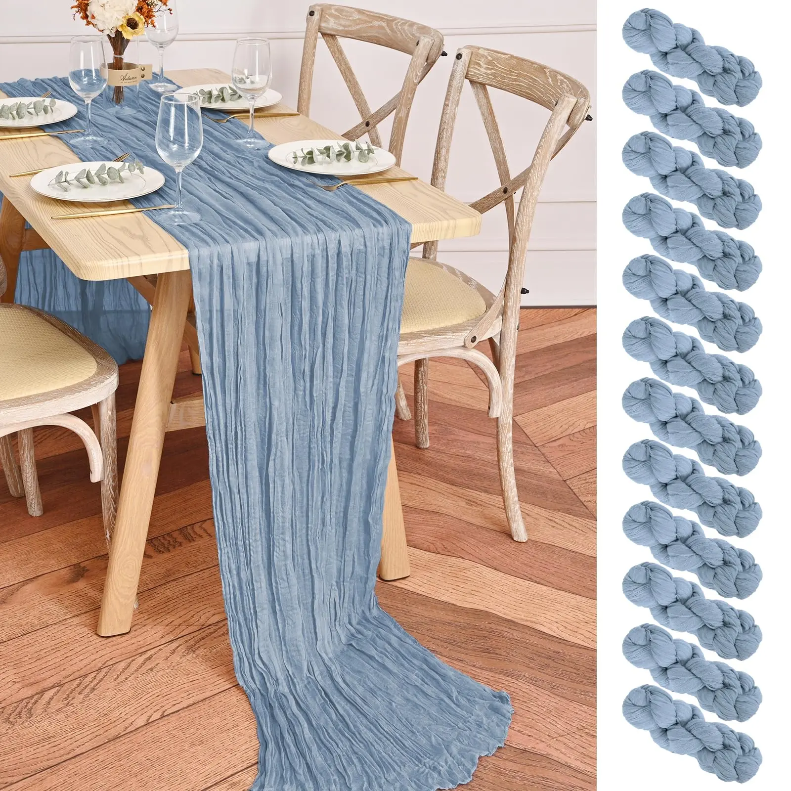 SHOWGEOUS 1/6/12 Pack Rectangular 35x120" Stitched Edges 10FT Cheesecloth Table Runners, Romantic Boho Gauze Decor for Wedding Reception, Banquet Events