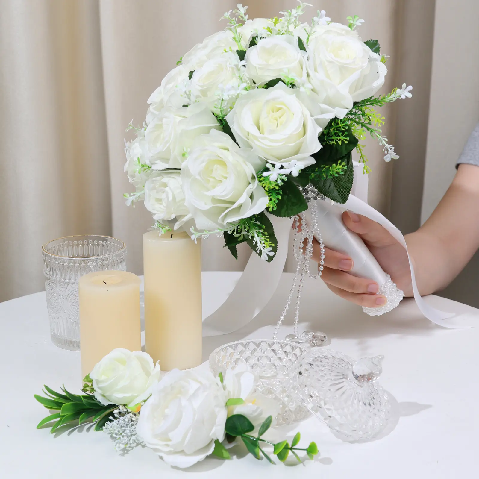 Lifelike White Champagne Plastic Faux Rose Bouquet - Boxed Floral Decor, Ideal for Bride, Anniversary Home Decor