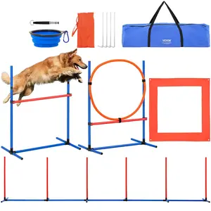 【FathersDayGift】VEVOR Dog Agility Training Equipment,  , 4 PCS Set with Adjustable High Hurdles,6 Weave Poles,Jump Ring,Square Pause Box,Whistle,Foldable Bowl, Puppy Obstacle Course Kit for Backyard, Indoor, Outdoor