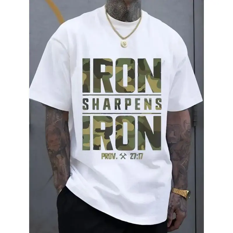 Men's Graphic T-Shirt, Oversized "Iron Sharpens Iron" Christian Streetwear Tee in 100% Cotton, Seamless Alternative Top with Ribbed Neckline & Camo Print