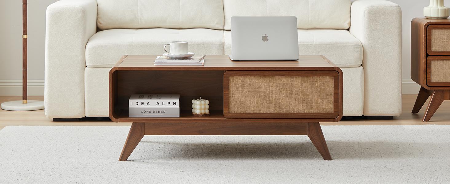Giratree Mid Century Modern Coffee Table with Storage, Curved Edge Wood Coffee Table with Sliding Nature Linen Door, Farmhouse Center Table Rectangle Coffee Table for Living Room, Office