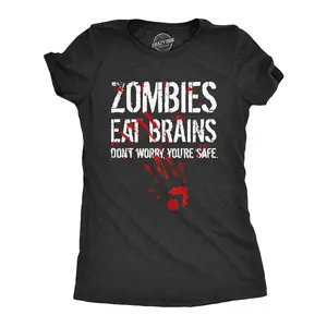 Womens Zombies Eat Brains Dont Worry Youre Safe T Shirt Funny Sarcasm Cool Graphic Tee Funny Womens T Shirts Cute Vintage Fashion Casual Ladies T-Shirt Gift Halloween Tops for Women Funny Zombie Top Women's Black