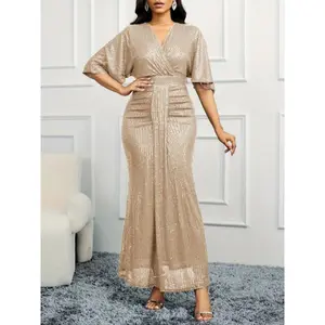 Sequin Surplice Neck Cocktail Dress, Elegant Ruffle Sleeve Mermaid Hem Dress For Party & Banquet, Women's Clothing Wedding/Evening dress/Occasion/Engagement/Ceremony Fabric Formal Womenswear Dark Green Workwear Polyester Vneck