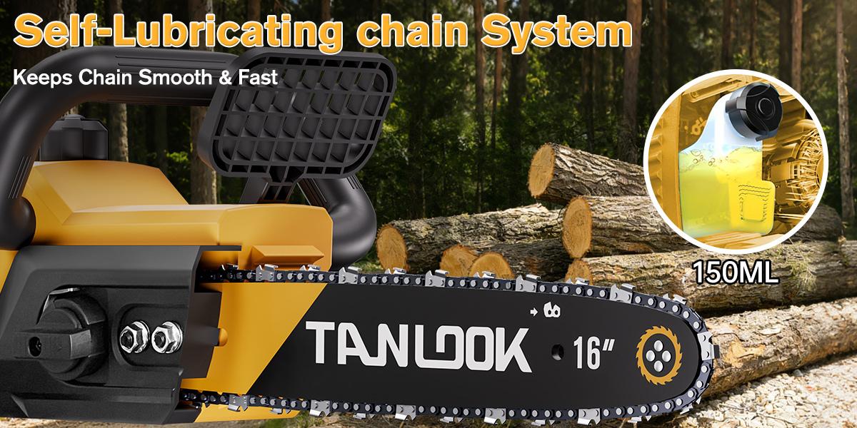TANLOOK 16 Inch Cordless Chainsaw, 20V Brushless Electric Chainsaw with 2 Batteries, Safety Switch & Dust Baffle for Tree Felling, Wood Cutting, Pruning & Firewood TANLOOK 16 Inch Cordless Chainsaw, 20V Brushless Electric Chainsaw with 2 Batteries, Safety Switch & Dust Baffle for Tree Felling, Wood Cutting, Pruning & Firewood