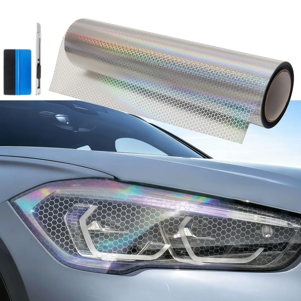 FONESO 12"x60" Honeycomb Vinyl Tint Film DIY Pro Kit, with Squeegee & Cutter, Weatherproof Trim-to-Any-Shape Car Light Cover Sticker - Residue-Free Tear-Off, HEX Self-Adhesive Cutout Sheet for Headlights/Taillights/Fog Lights (5FTx1FT), 12 X 60 Inches, Co