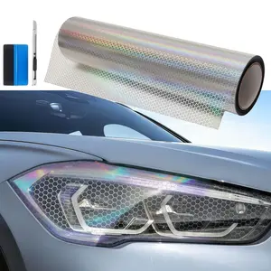 FONESO 12" x 60" Headlight Taillight Tint Film Tool Kit, with Squeegee and Cutter, Honeycomb Vinyl Tint Wrap Decals Protector Sticker - Tear Off without Residue, HEX Self Adhesive Fog Lights Sticker Sheet Roll for Car Lights Cover - 5FTx1FT