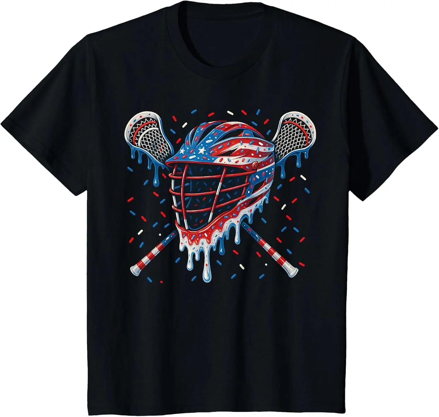 Patriotic Lacrosse Graphic Tee with American Flag Drip Print, Unisex 100% Heavy Cotton, Made in USA, All Seasons, True Size, Printed Art, Classic Fit, 100% Cotton, Adult T-Shirt / 3Xl