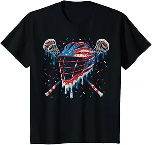 Patriotic American Flag Lacrosse Ice Cream Drip Lax Boys T-Shirt - Crewneck Men Women Youth Boys Girl T-shirt Cotton Fabric