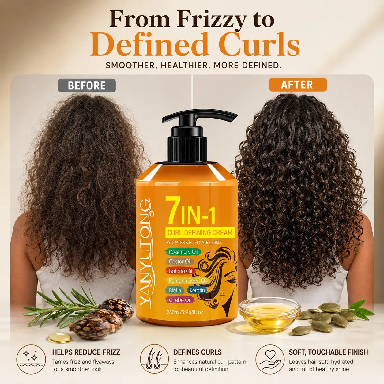 7-in-1 Curl Cream – Moisturizing and Nourishing Formula that Defines Natural Curls, Reduces Frizz, Softens Dry Hair, Enhances Shine and Elasticity, Easy Styling for Smooth and Manageable Curls, Suitable for Men and Women