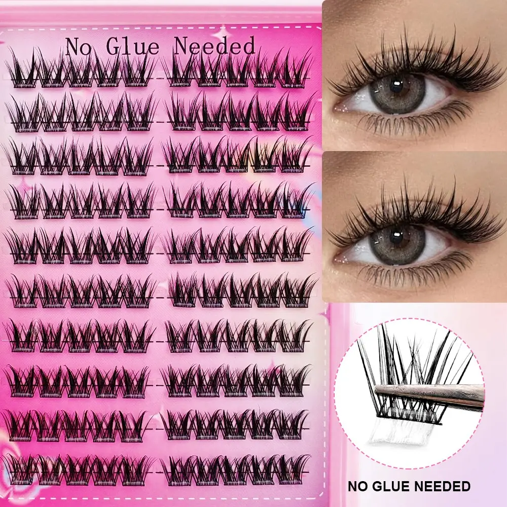 100 Self-Adhesive Synthetic False Eyelash Clusters, Puff Lash Clusters, Fluffy DIY Cluster Lashes with Cute Cartoon Style, Lightweight Makeup Lashes for Daily Wear, No Glue Needed