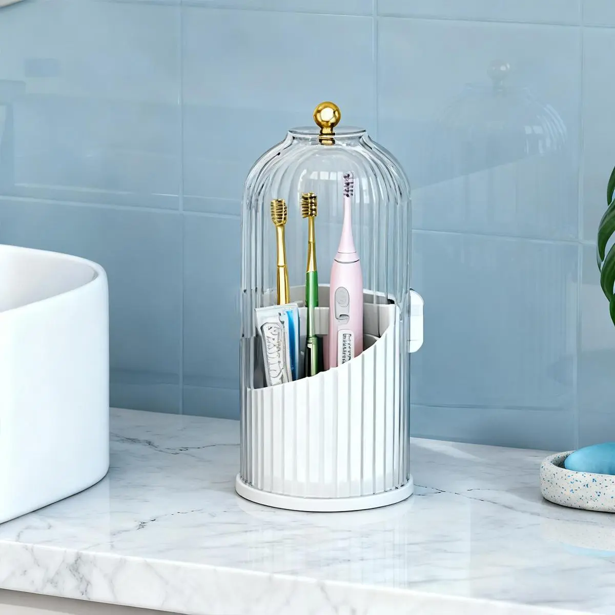 Transparent Plastic 360° Rotating Bathroom Accessory - Dustproof Toothbrush Holders, Anti-Slip, Drainage Design, 3-Slot Makeup Brush Organizer for Bathroom Vanity Countertop