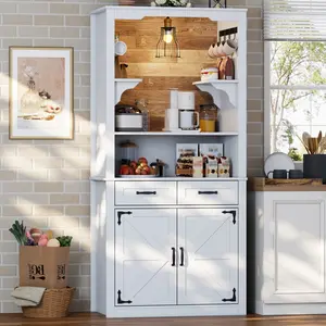 Farmhouse Coffee Bar Cabinet with Led Light - White Coffee Hutch Cabinet with Microwave Stand, 71'' Tall Buffet Sideboard Cabinet with Drawers & Hooks