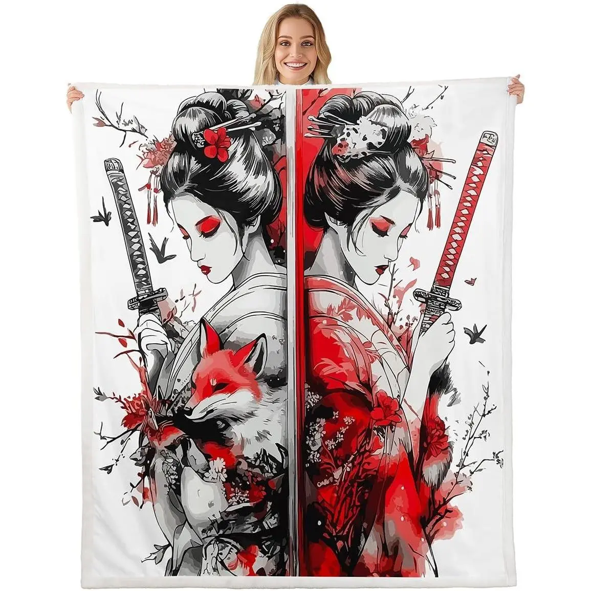 Japanese Female Samurai Throw Blanket Fox Sword Sexy Women Fleece Blanket,Retro Fashion Style Ink Art Throws for Bed Couch Sofa,Woman Room Decor,Soft and Breathable