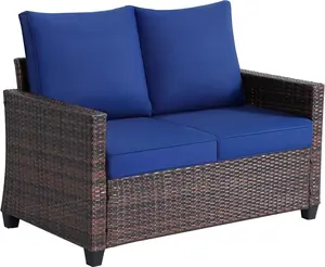 EortheX Outdoor Patio Loveseat All-Weather Wicker Loveseat with Cushions Rattan Outdoor 2 Person Sofa Furniture for Garden Balcony and Deck Sectional Patio Love Seat Sofa Set Blue Beige