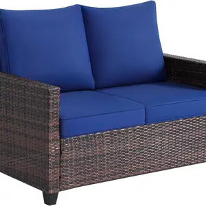 EortheX Outdoor Patio Loveseat All-Weather Wicker Loveseat with Cushions Rattan Outdoor 2 Person Sofa Furniture for Garden Balcony and Deck Sectional Patio Love Seat Sofa Set Blue Beige