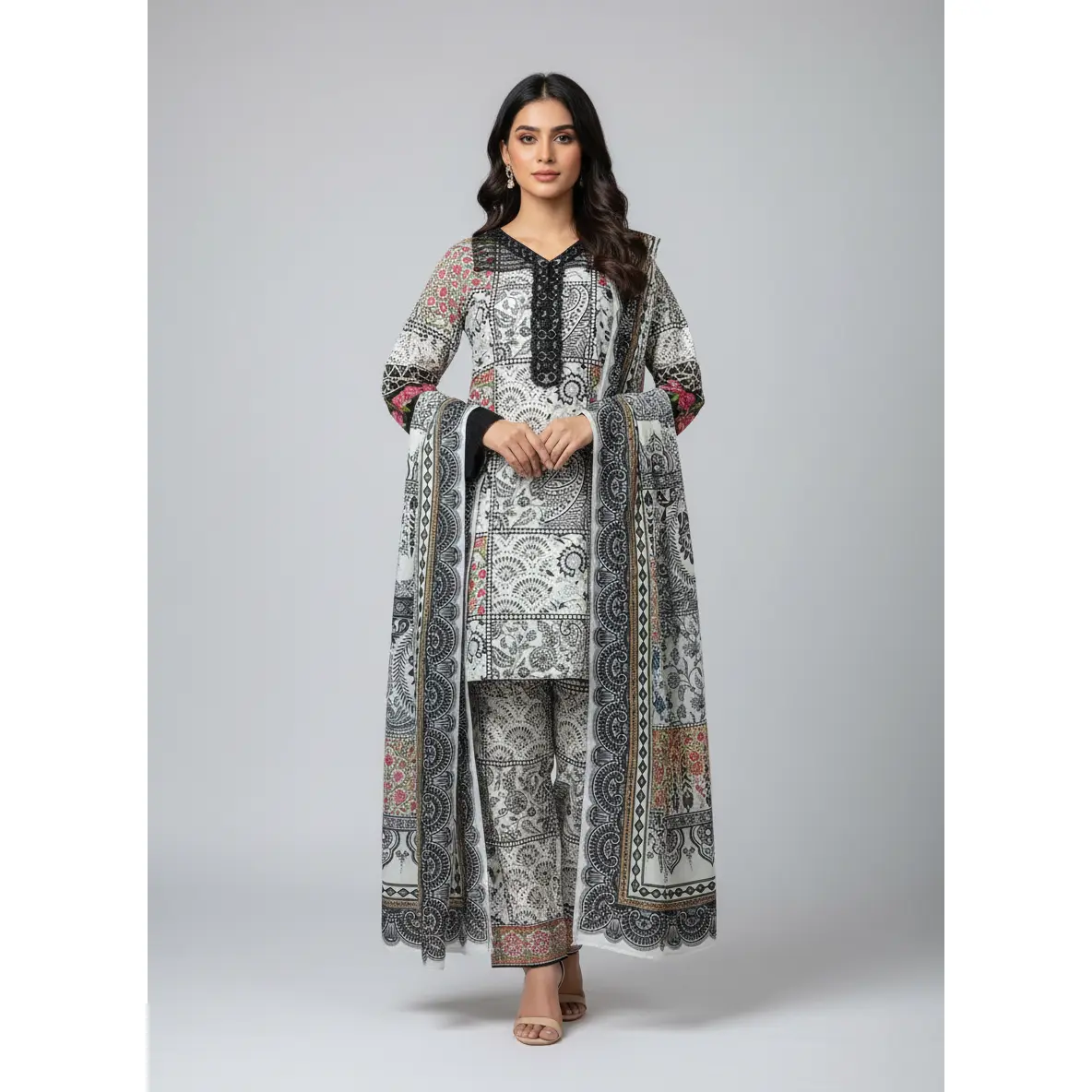 Women's 3-Piece Khadder Dress Set - Casual Ethnic Print Embroidered Long-Sleeve V-Neck Tunic, Wide Bottom Trouser & Dupatta, Modest All-Seasons Elegant Ai-Generated Womenswear