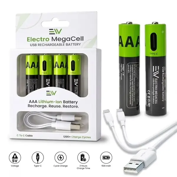 Electronic World USB-C Rechargeable AAA Lithium-Ion Batteries, 500mAh, 1200+ Recharge Cycles with USB-C Charging Cable