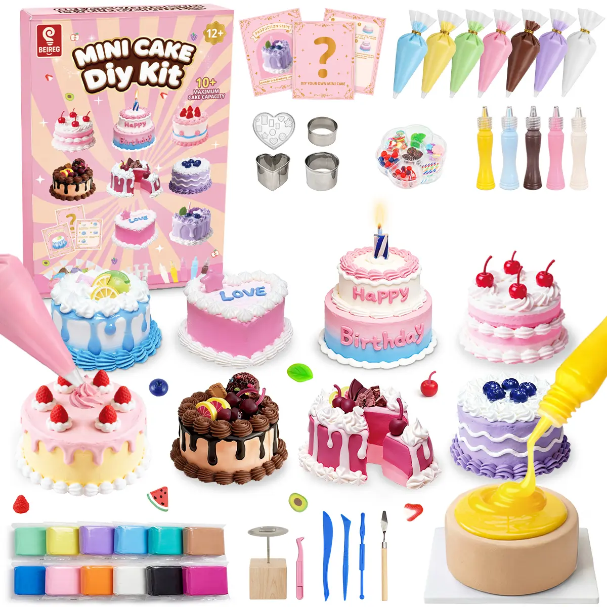 BEIREG Kids' DIY Mini Cake & Bake Shop Kitchen Toy Set - Resin Clay Pretend Dessert Craft Kit with 65+ Accessories, STEM Creativity Scene Display, Cool 8+ Boy Gifts & Christmas Presents
