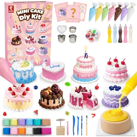 BEIREG Unisex Kids' DIY Mini Cakes Bake Kitchen Toy Set - Resin Clay Pretend Dessert Craft Kit with Cream Glue, 65+ Accessories, 10+ Cake Designs, Metal/Heart & Round Molds, STEM Creativity Display, 8-10 Years Christmas Gift,familyfun