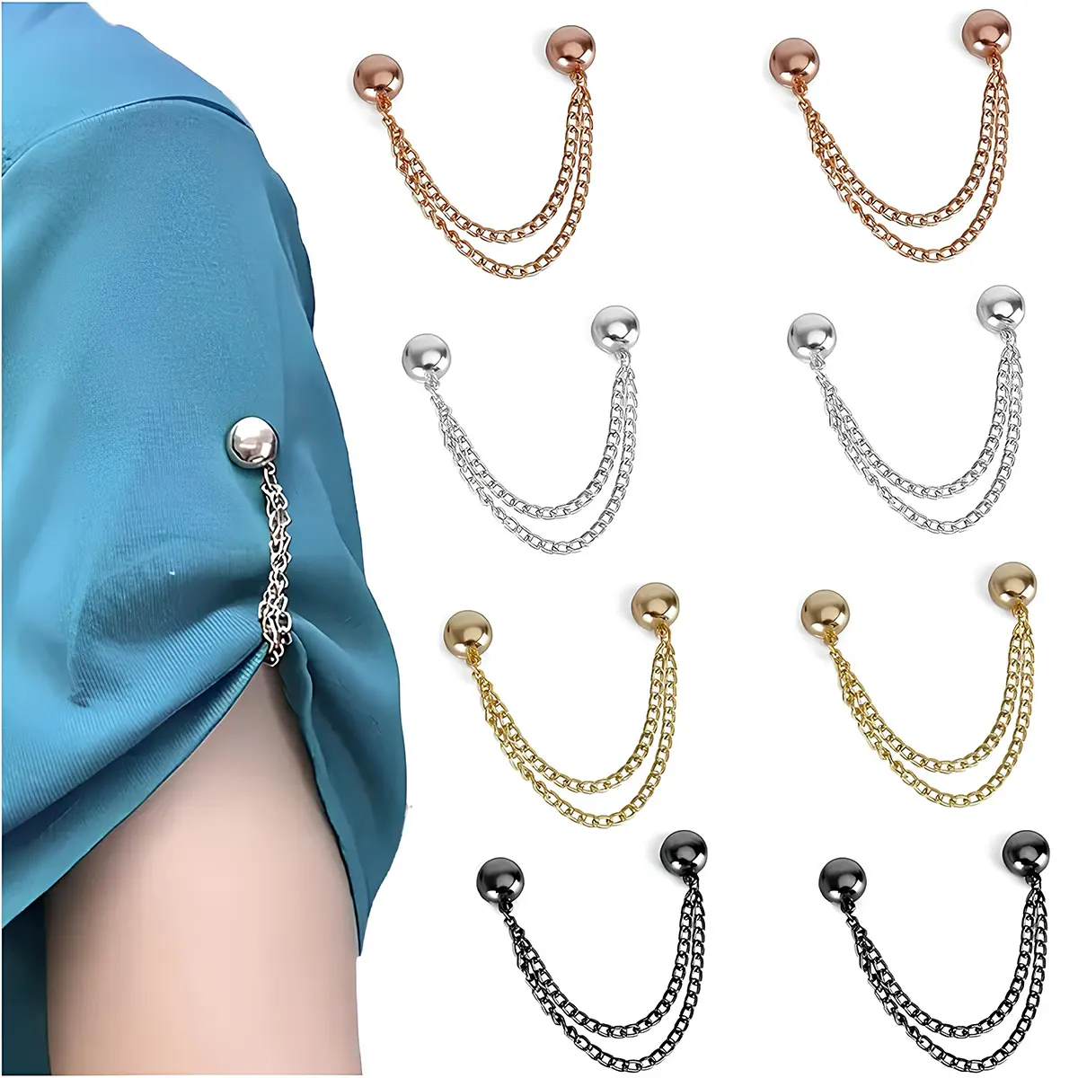 4-Pair Functional Magnetic Clothing Clips (Chain Incl.) - Magnetic Hold Clothing Fixes for Pants/Sleeve Hems, Hijab/Scarf Holders, Shirt Cuffs, T-Shirts, Blouses, Dresses, Utility