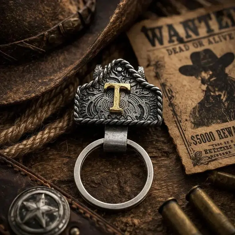 Personalized Western Belt Keychain with Copper Initial, All-Metal Cow Tag Key Holder for Men, Cowboy Stuff & Texas-Style Western Accessories, Gifts for Him