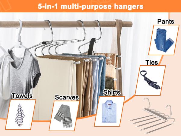 Folding trouser hanger, space-saving, 5-layer design, non-slip hanger, suitable for wardrobe organization and home storage.