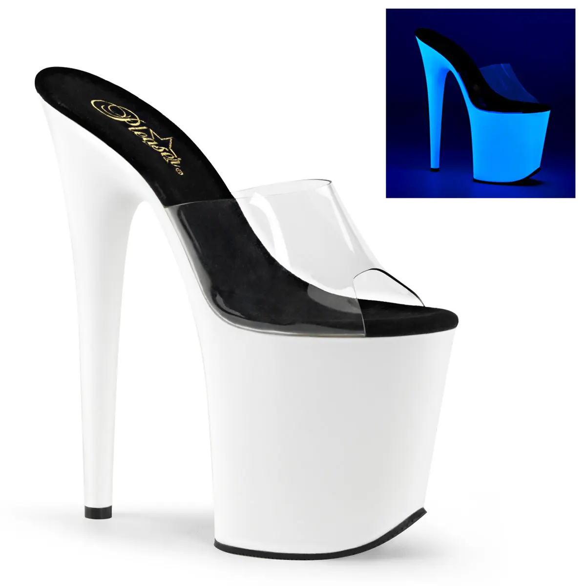 Pleaser High Heel Sandals for Women, Stylish Stiletto Slide with a Transparent Strap, 8" Heel and 4-inch Neon UV Reactive Platform, Stiletto Heels, Fashionable Heeled Sandals